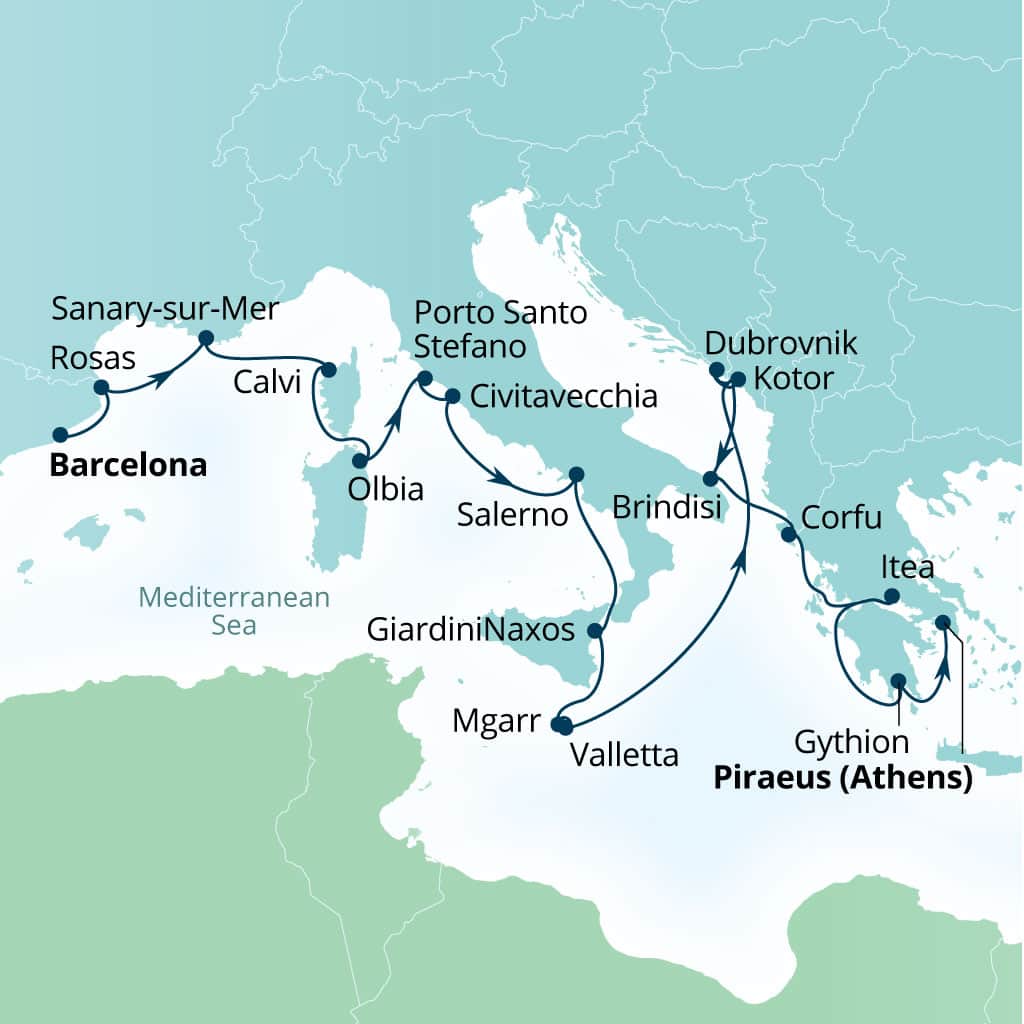 Itinerary map of 21-Day French Yacht Harbors, Montenegro, Italy & Greece