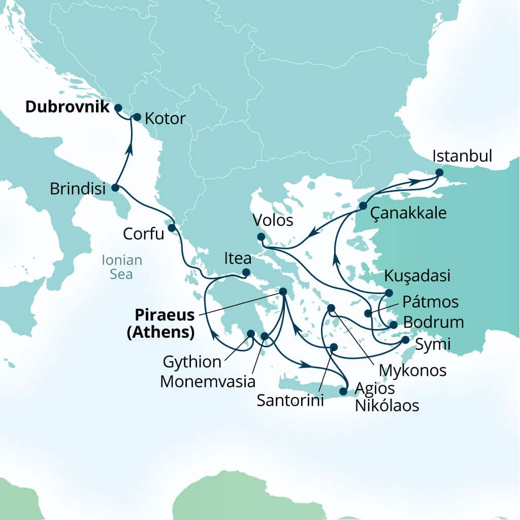 Itinerary map of 21-Day Aegean Harbors, Evening At Ephesus, Italy & Greece