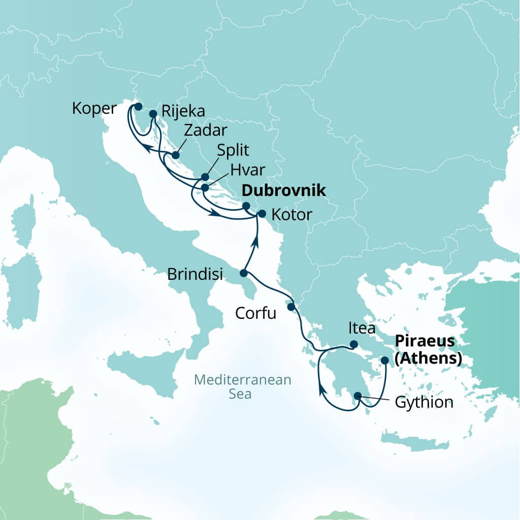 Itinerary map of 14-Day Montenegro, Italy, Greece & The Dalmatian Coast
