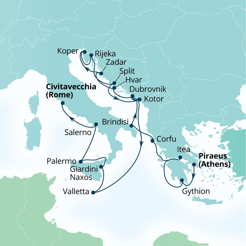 Itinerary map of 21-Day Exploring Montenegro, Italy, Greece, Malta & Sicily