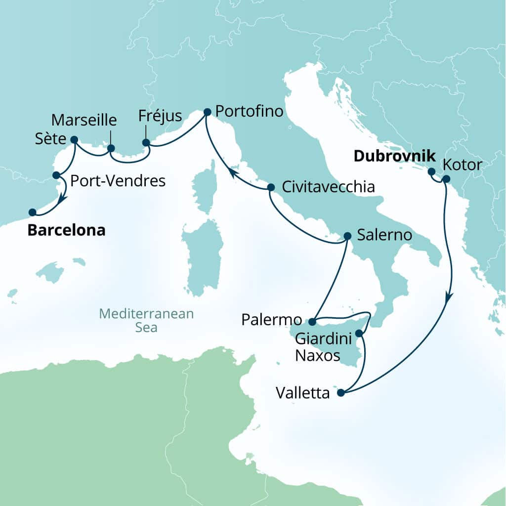 Itinerary map of 14-Day Exploring Malta, Sicily & French Yacht Harbors