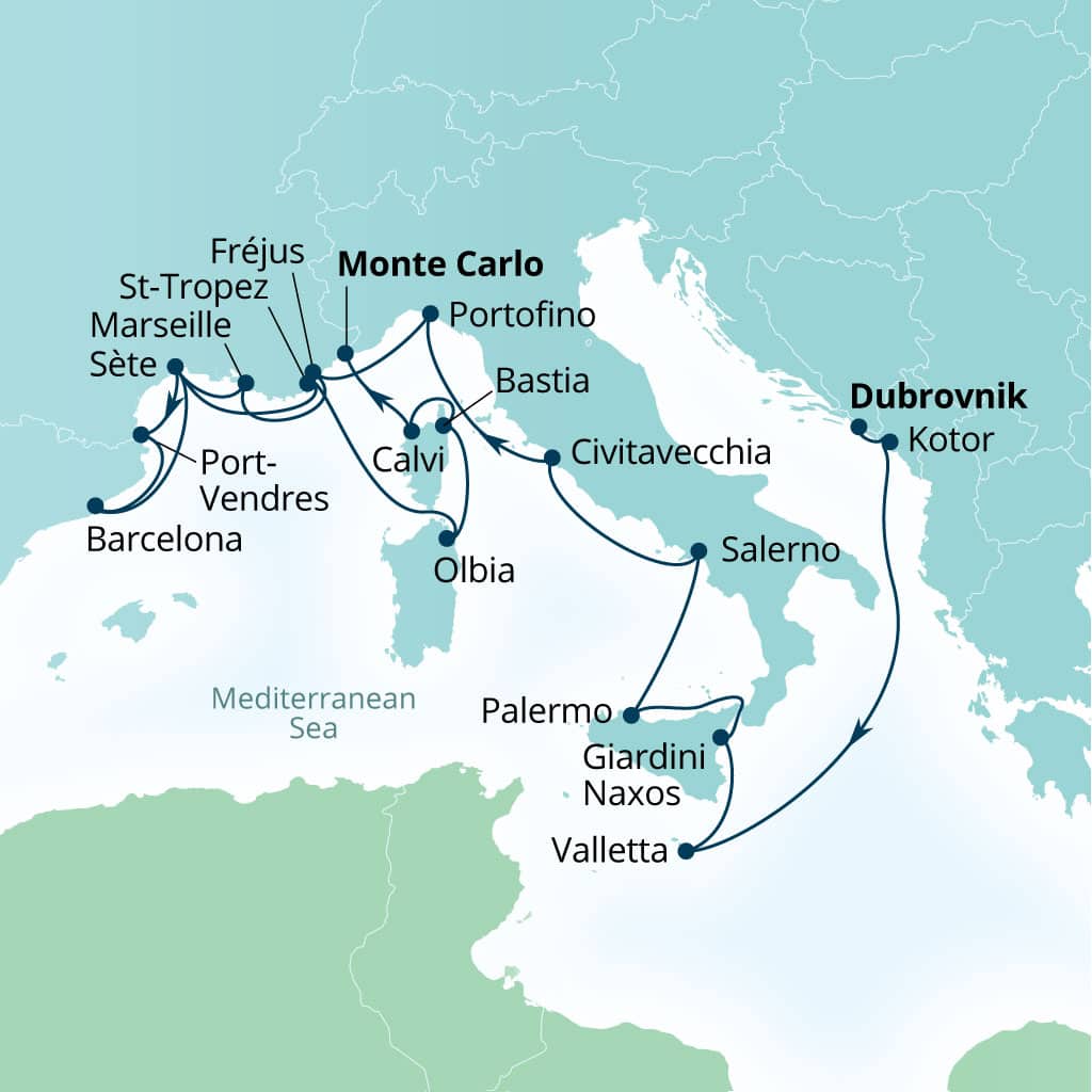 Itinerary map of 21-Day Exploring Malta, Sicily, France, Sardinia & Corsica