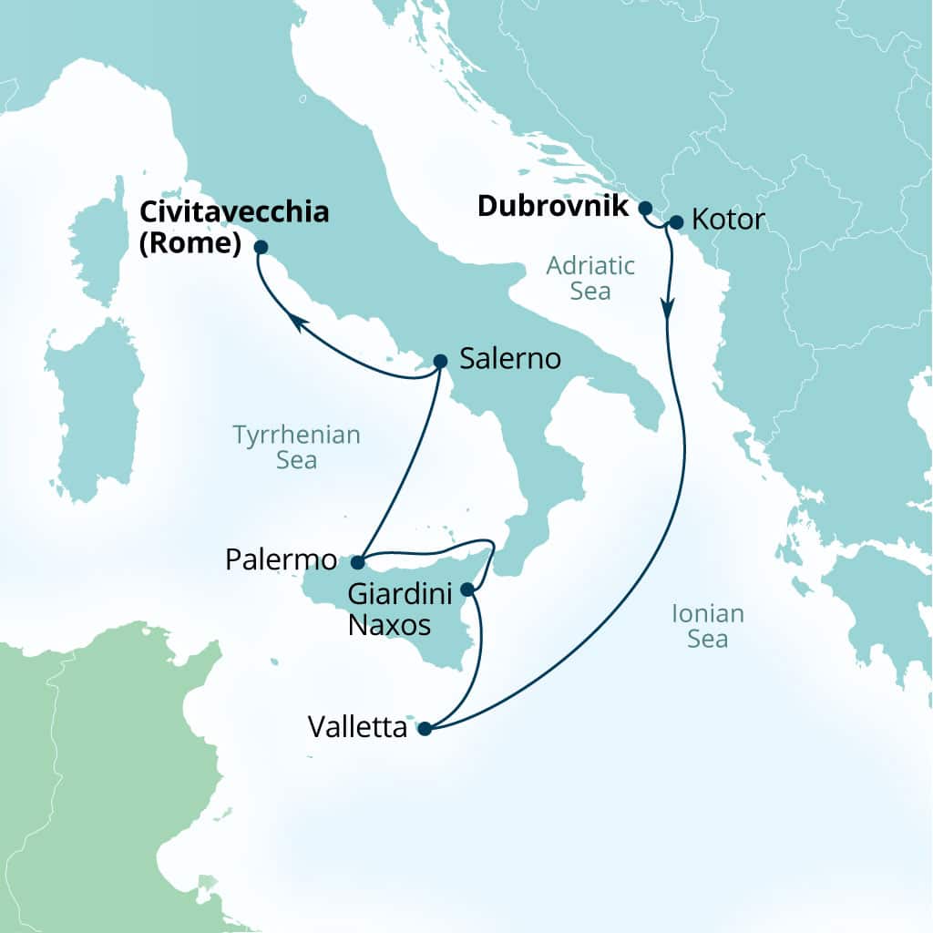 Itinerary map of 7-Day Exploring Montenegro, Malta & Sicily