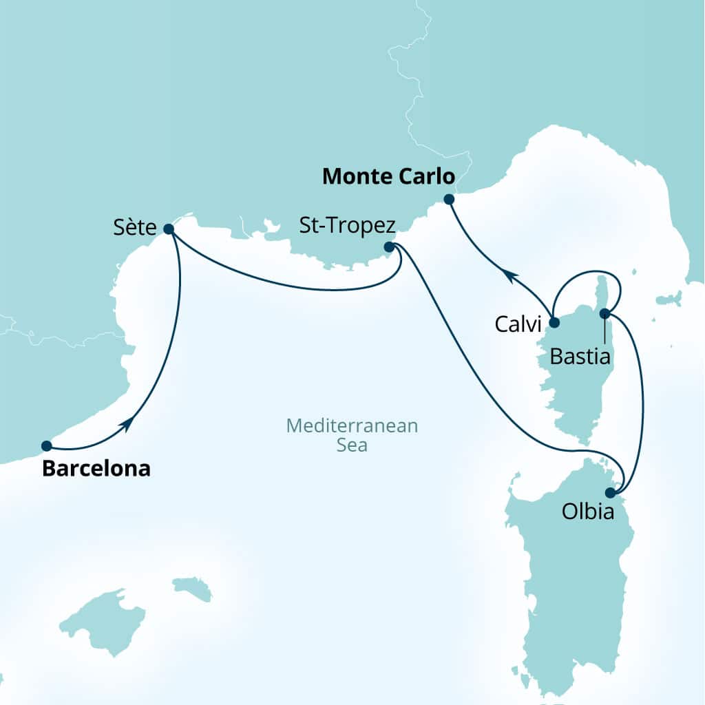 Itinerary map of 7-Day French Yacht Harbors, Sardinia & Corsica
