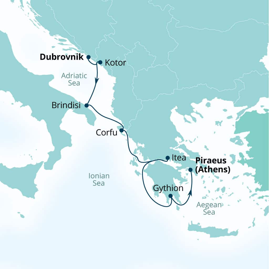 Itinerary map of 7-Day Hidden Gems Of Montenegro, Italy & Greece