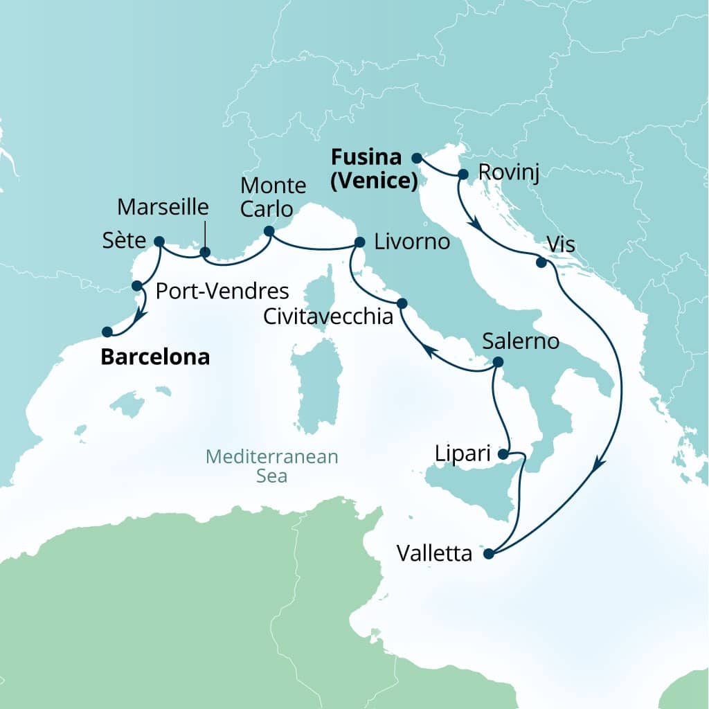 Itinerary map of 14-Day Dalmatian Gems, Malta & Southern France