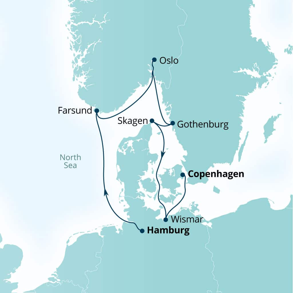 Itinerary map of 7-Day Harbors Of Norway, Sweden & Denmark