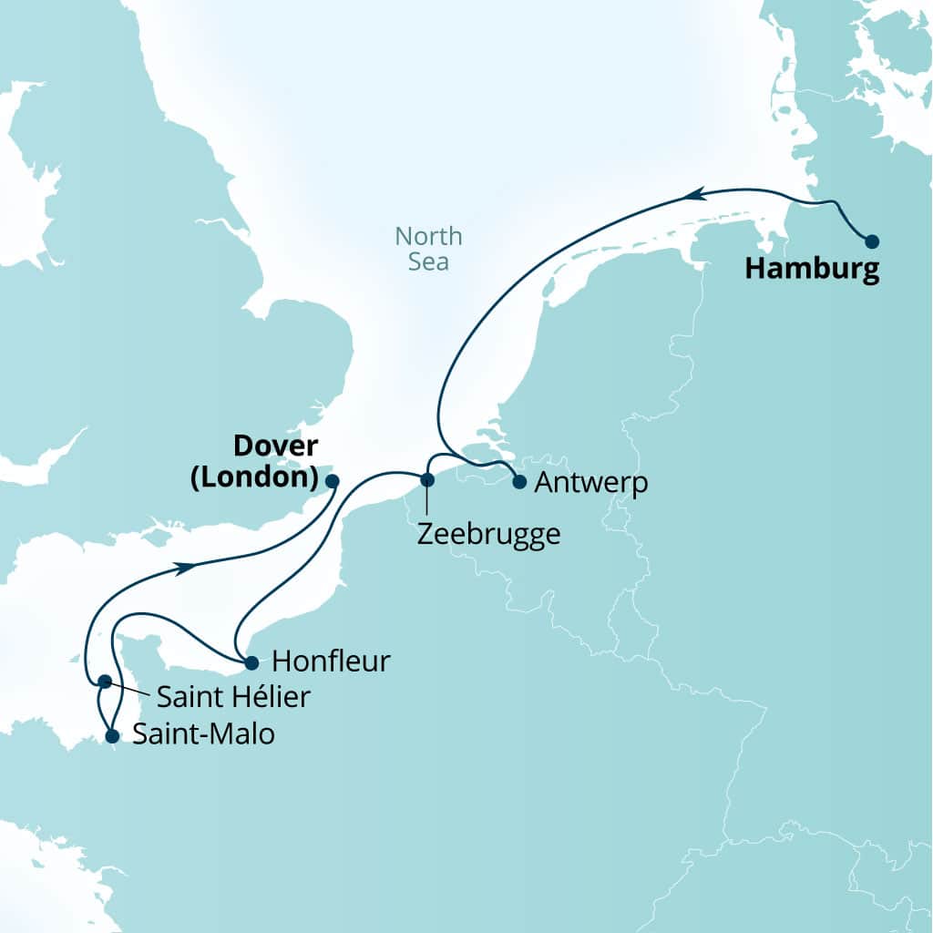 Itinerary map of 7-Day Exploring Antwerp, France & The Channel Isles
