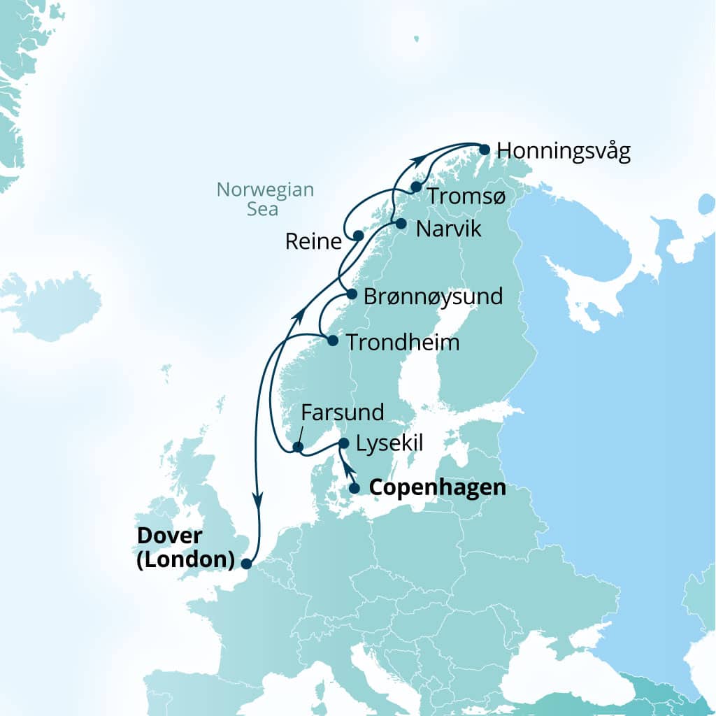 Itinerary map of 14-Day Norway's Hidden Harbors In The Midnight Sun
