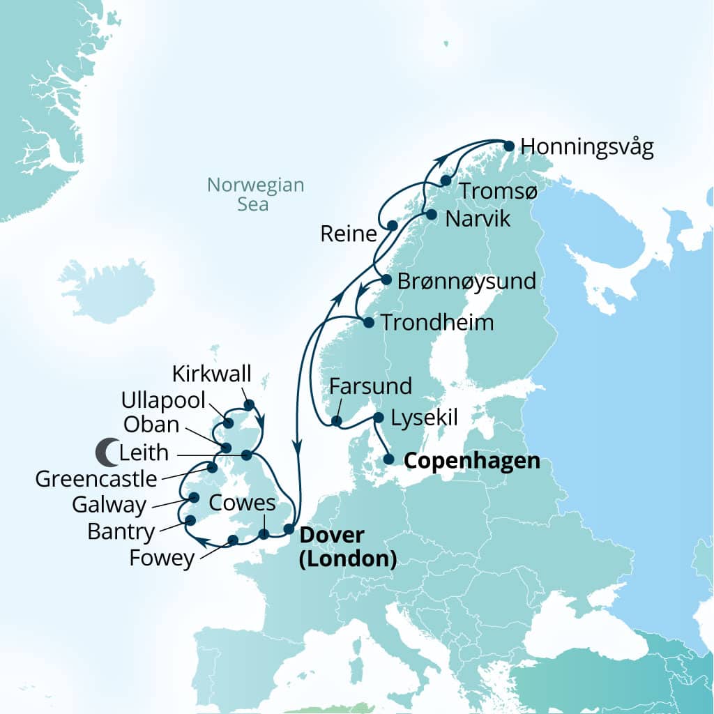 Itinerary map of 28-Day Norway, Celtic Shores & Scottish Isles