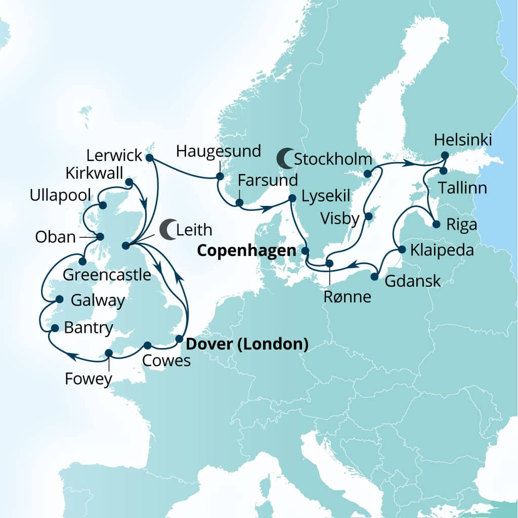 Itinerary map of 34-Day Exploring From The British Isles To The Baltic