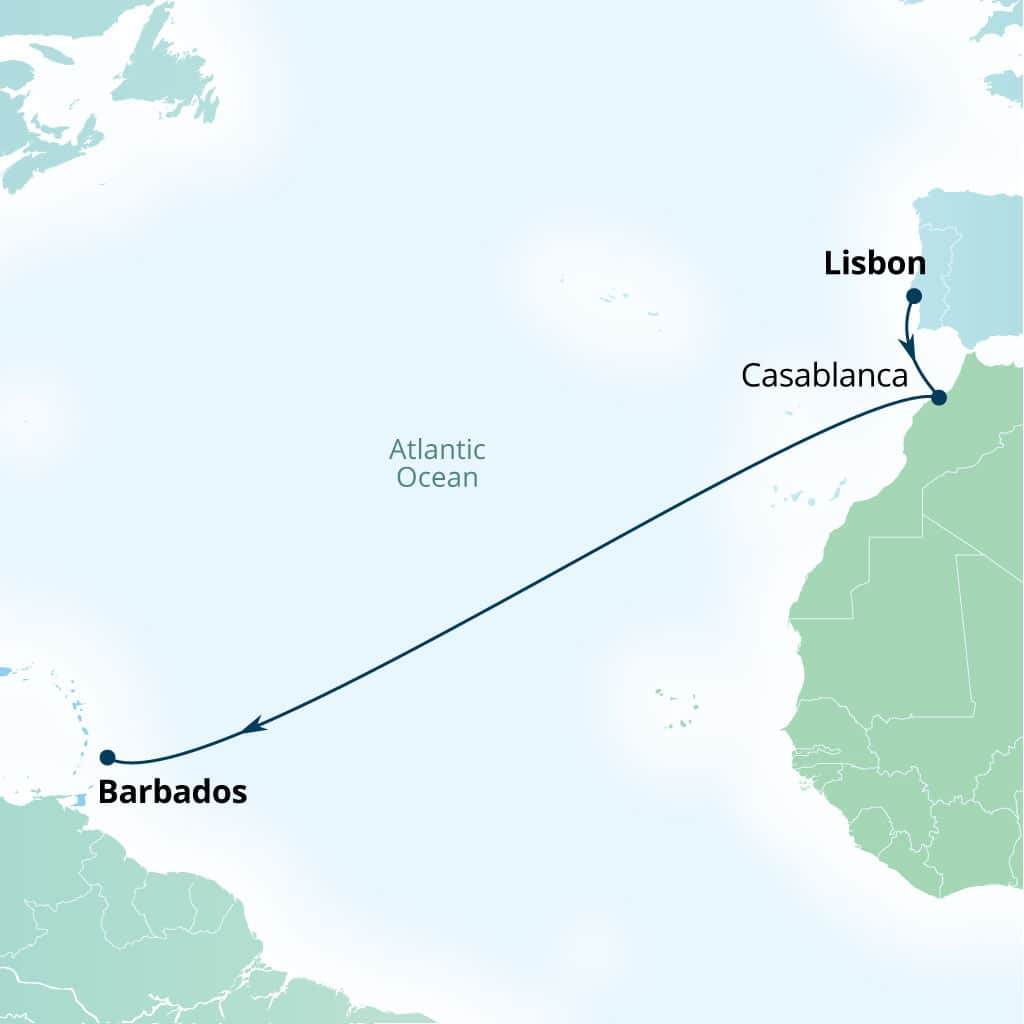 Itinerary map of 12-Day Atlantic Crossing From Casablanca To The Caribbean
