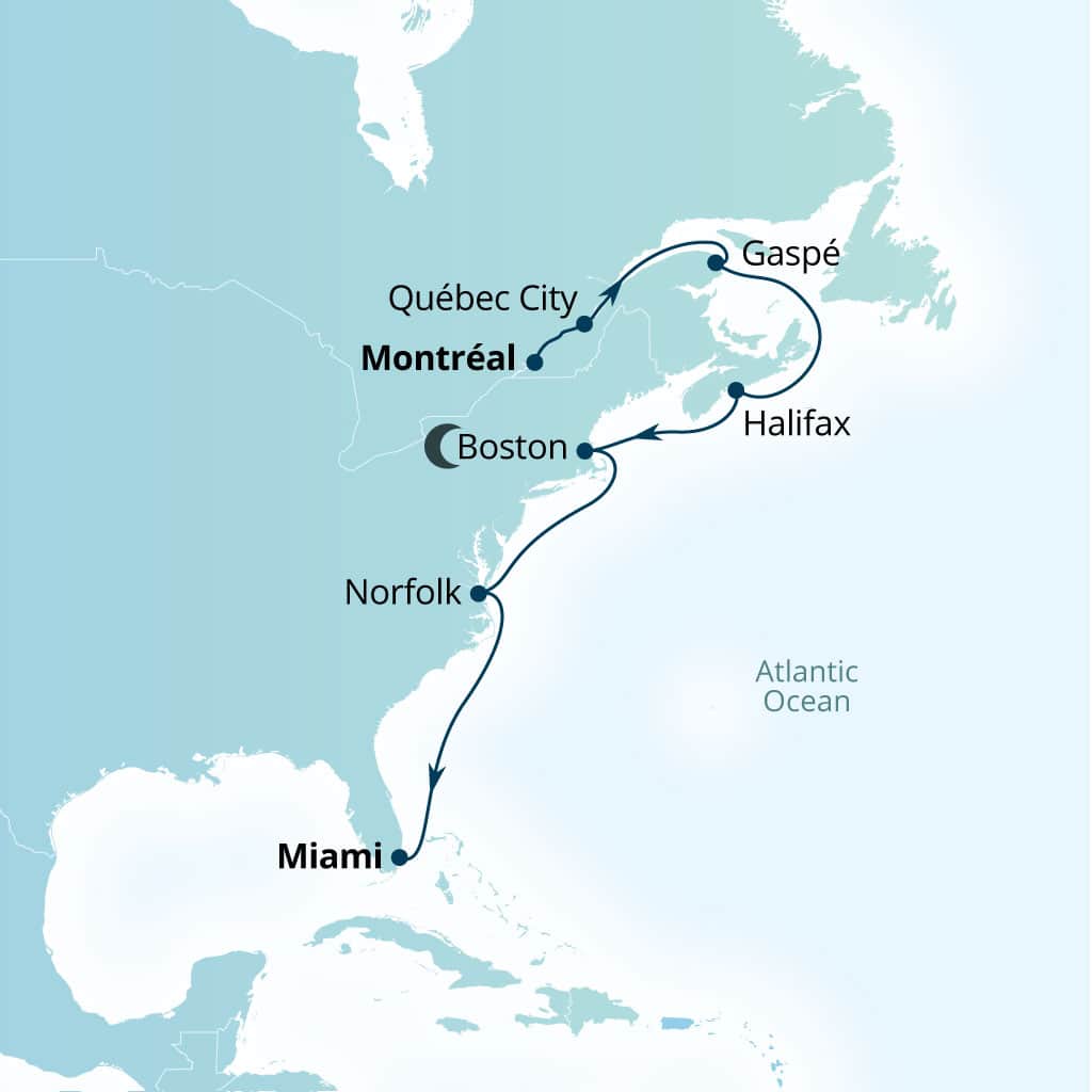 Itinerary map of 13-Day Atlantic Coast: Lighthouses & New England Charms
