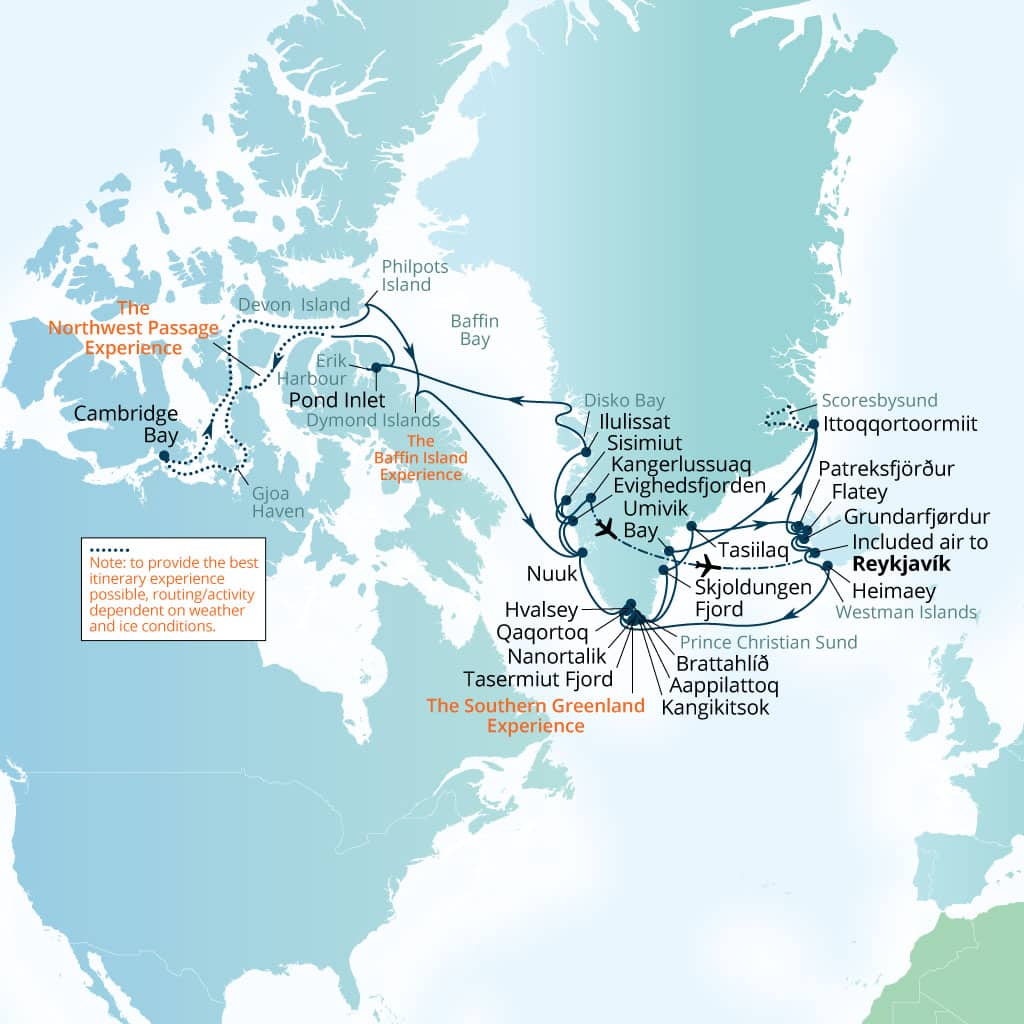 Itinerary map of 47-Day Iceland, Greenland & Northwest Passage   Expedition