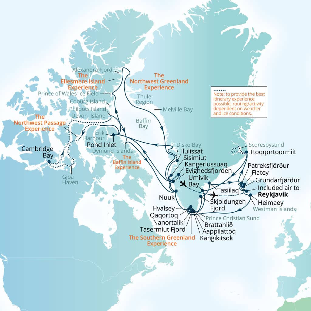 Itinerary map of 59-Day Iceland, Greenland, Northwest Passage    & High Arctic
