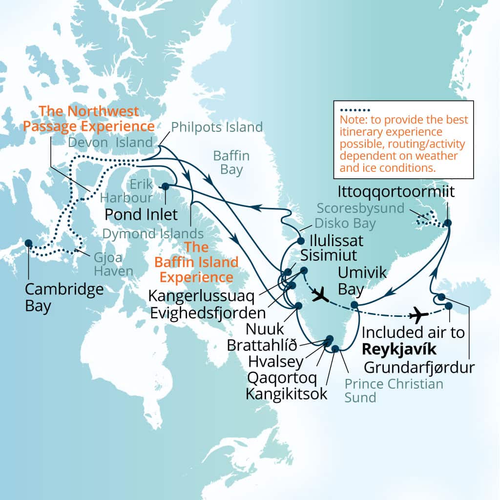 Itinerary map of 33-Day Greenland, Scoresbysund & Northwest      Passage