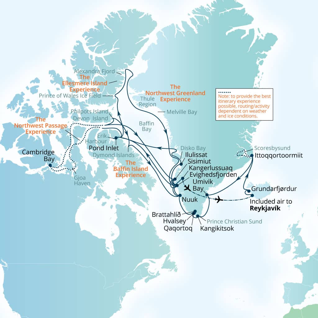 Itinerary map of 45-Day Scoresbysund, Northwest Passage & High   High Arctic