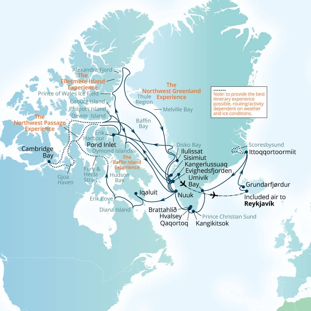Itinerary map of 63-Day Scoresbysund, Northwest Passage & High   Arctic