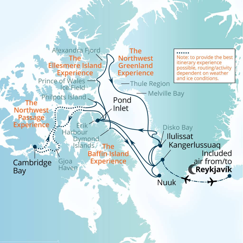 Itinerary map of 32-Day Northwest Passage & Beyond Baffin Bay