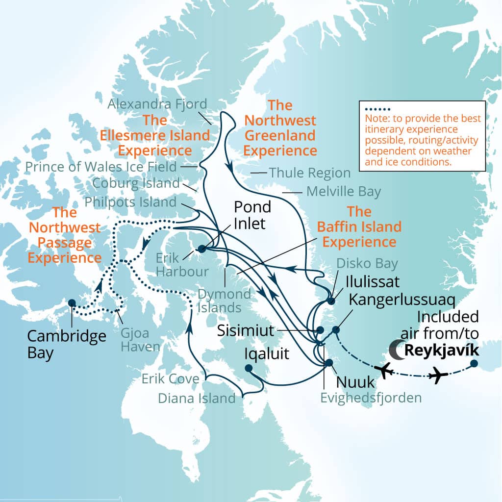 Itinerary map of 50-Day Northwest Passage, Baffin Bay & Nunavut  Expedition