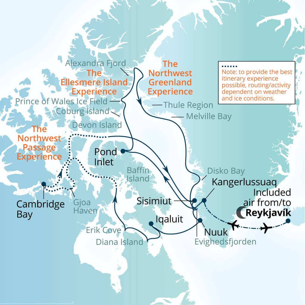 Itinerary map of 32-Day High Arctic, Northwest Passage & Nunavut Expedition