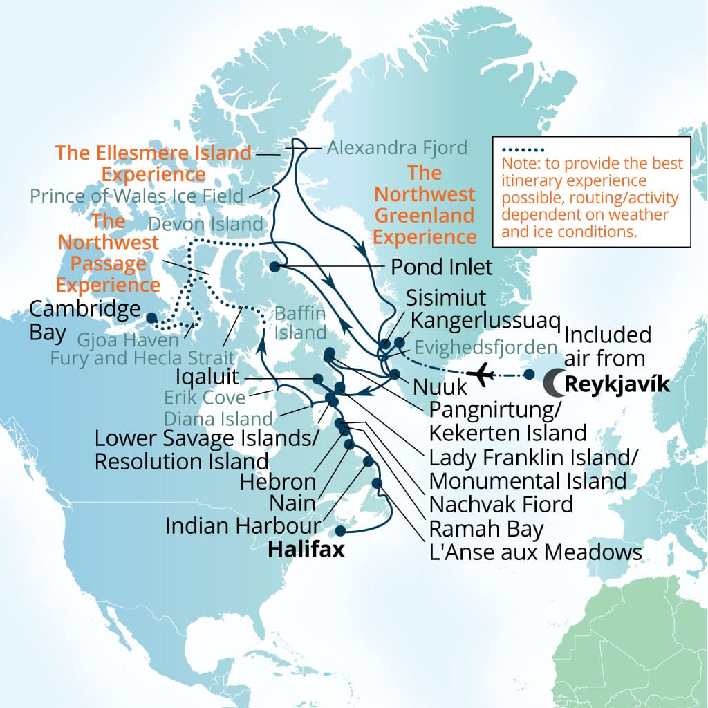 Itinerary map of 45-Day High Arctic, Northwest Passage & Wild    Labrador Coast