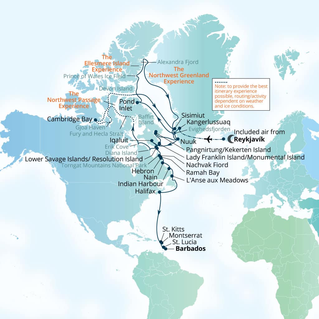 Itinerary map of 53-Day Arctic Expeditions & Southern Caribbean  Harbors