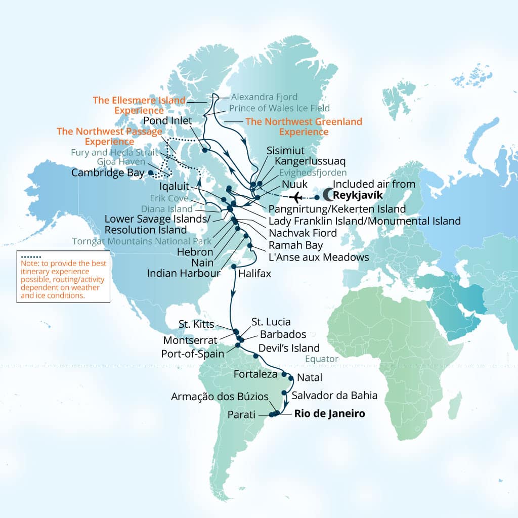 Itinerary map of 69-Day Northern Hemisphere Explorer: Arctic To  South America