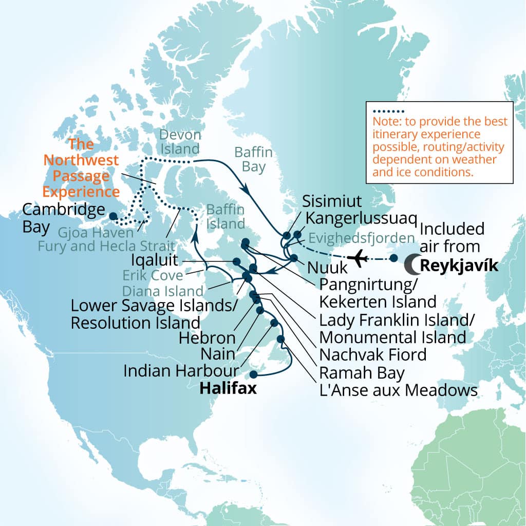 Itinerary map of 33-Day Northwest Passage, Nunavut & Wild        Labrador Coast