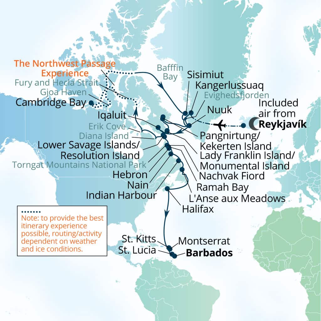 Itinerary map of 41-Day Northwest Passage, Labrador Coast &      Caribbean