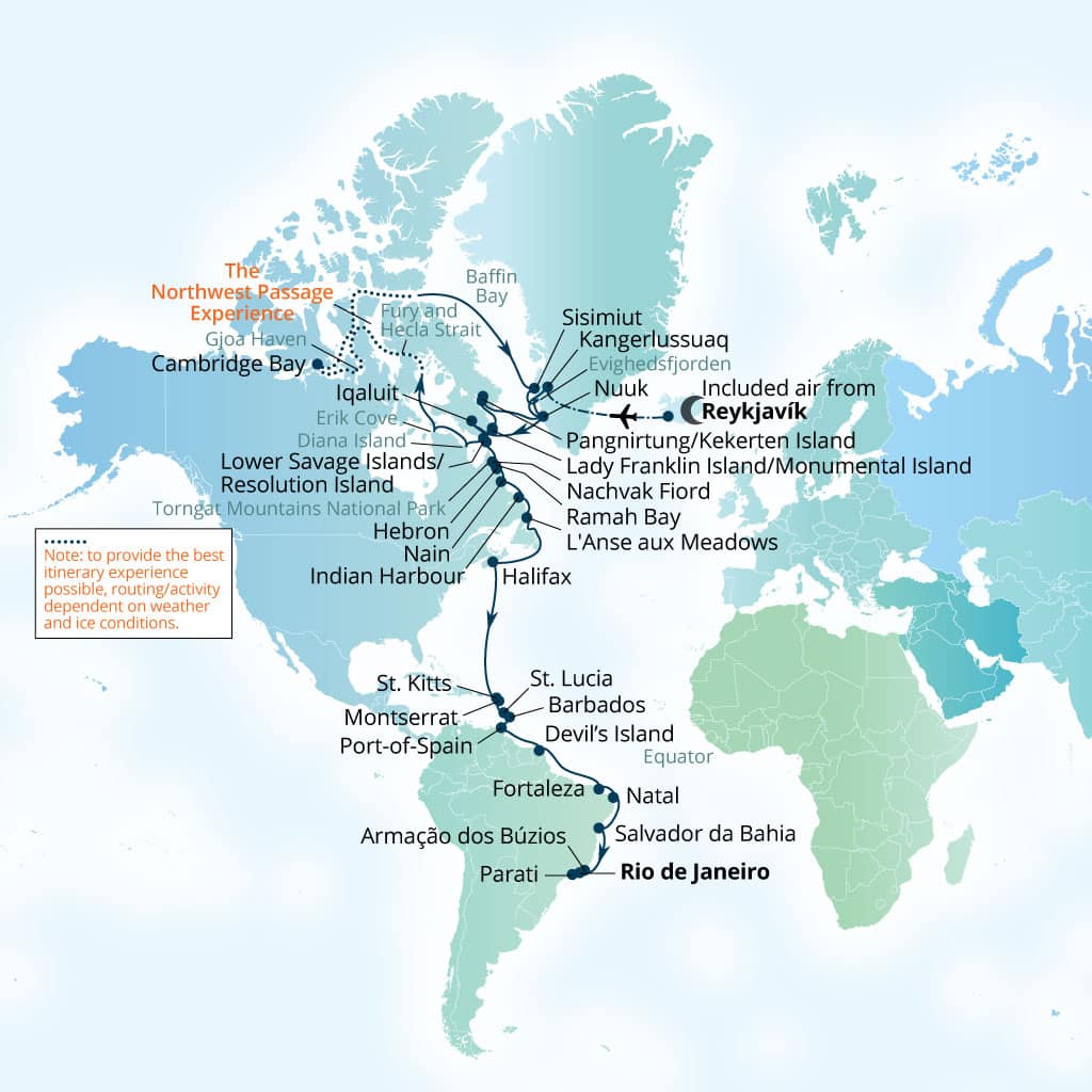 Itinerary map of 57-Day Northern Hemisphere Explorer: Greenland  To Brazil