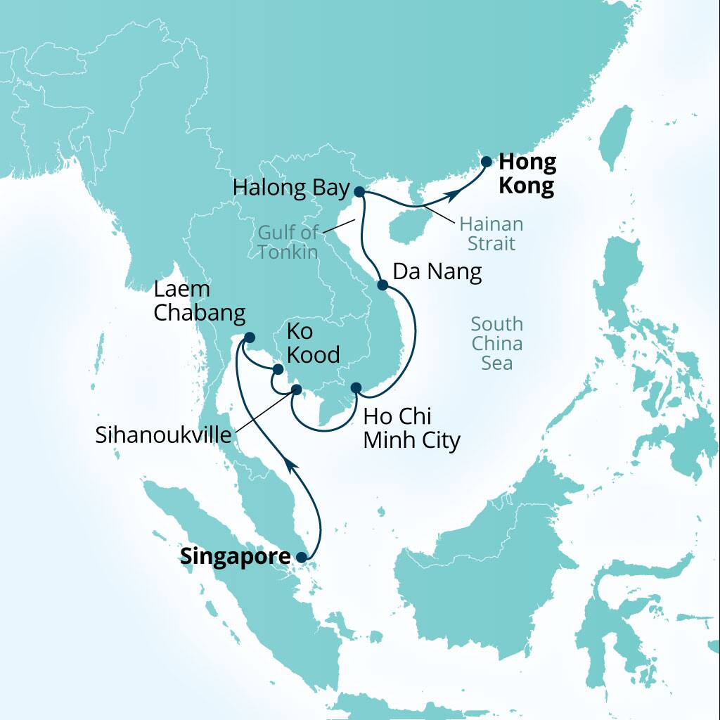Itinerary map of 14-Day Thailand, Cambodia & Vietnam