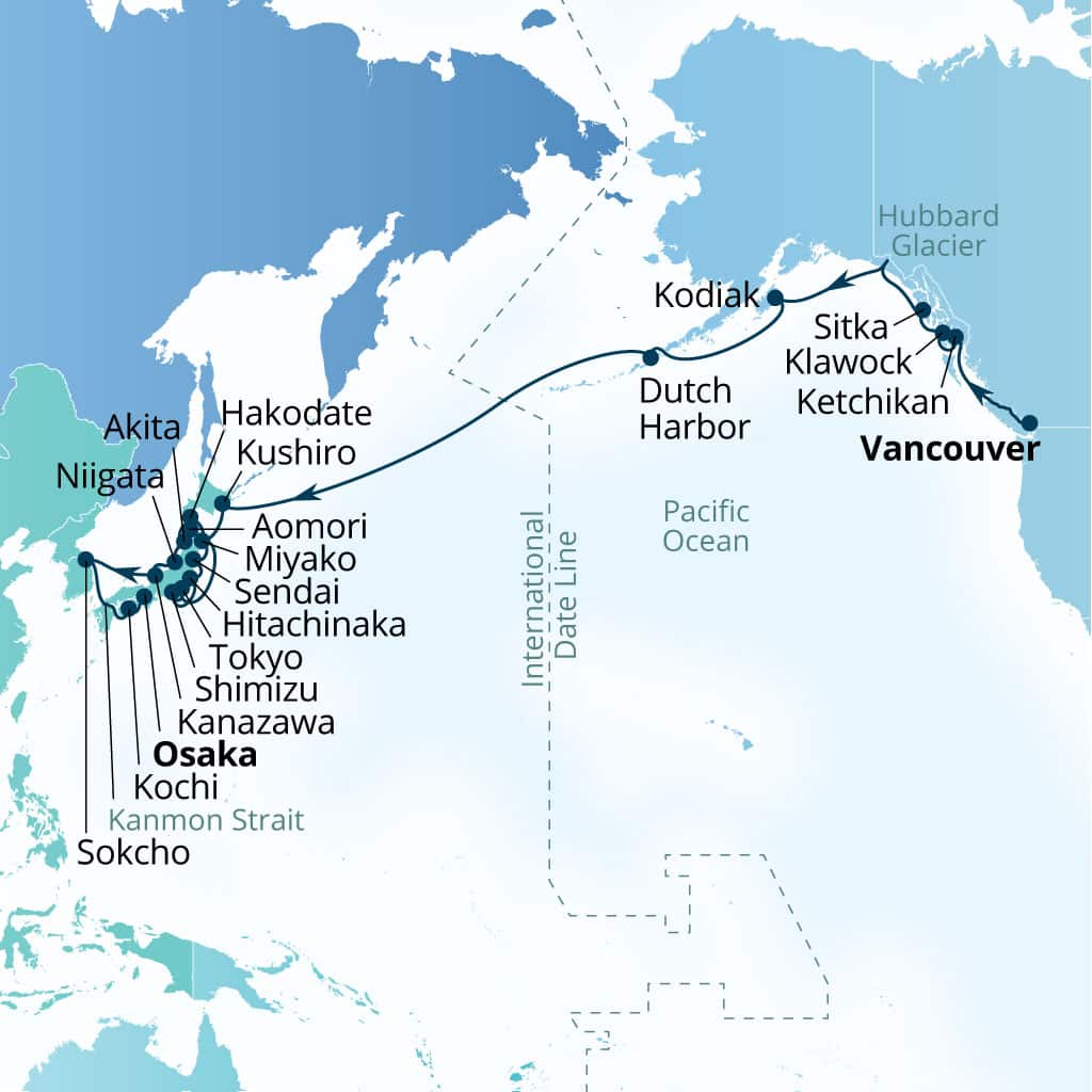 Itinerary map of 33-Day  Pacific Passage & Japan's Hidden Gems