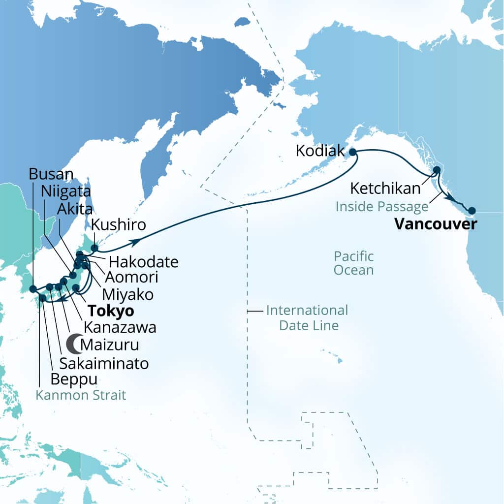Itinerary map of 32-Day In-depth Japan Exploration & Pacific Passage