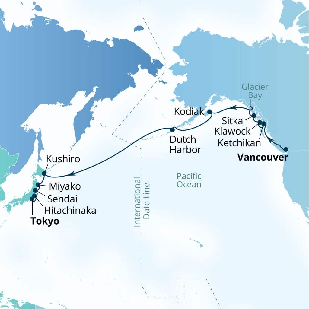 Itinerary map of 20-Day Japan, Alaska, Glacier Bay & Pacific Crossing