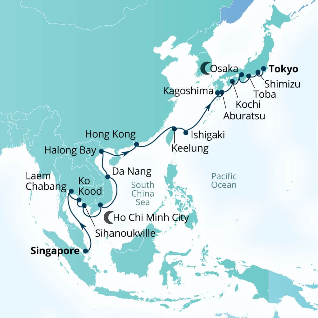 Itinerary map of 26-Day Southeast Asia, Taiwan & Japan