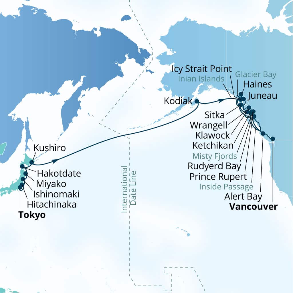 Itinerary map of 35-Day Japan, Alaska, Glacier Bay & Pacific Crossing