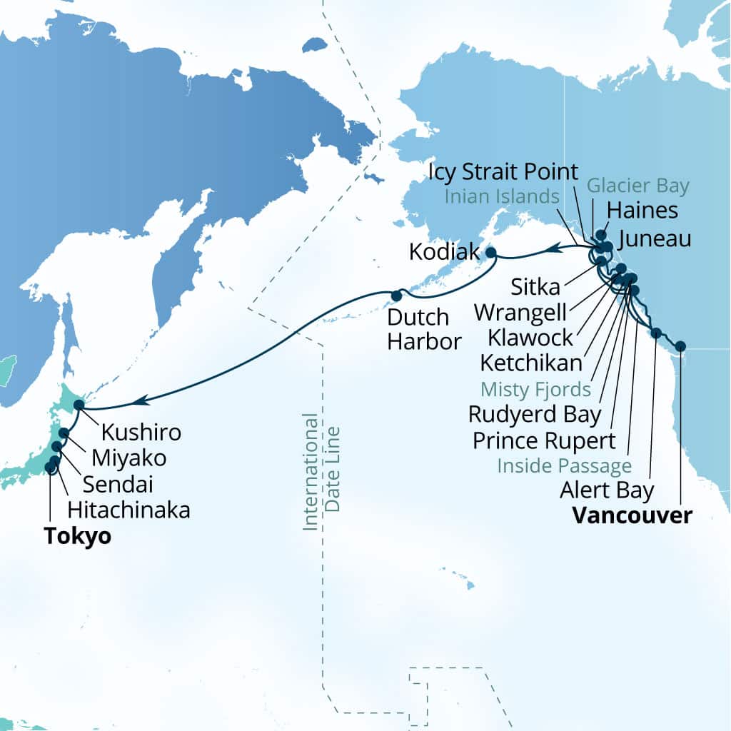 Itinerary map of 35-Day Japan, Alaska, Glacier Bay & Pacific Crossing