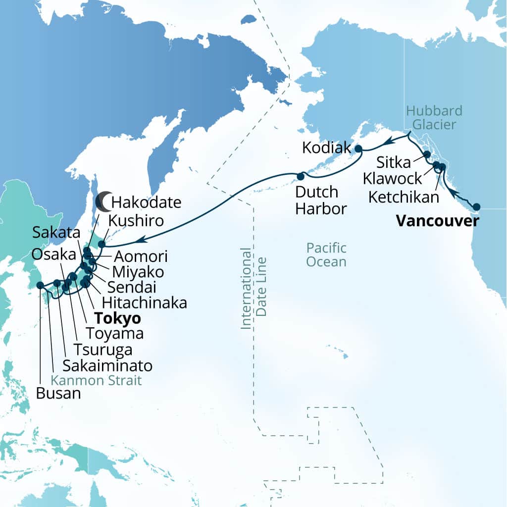 Itinerary map of 34-Day Alaska, Pacific Crossing & Autumn Reverie