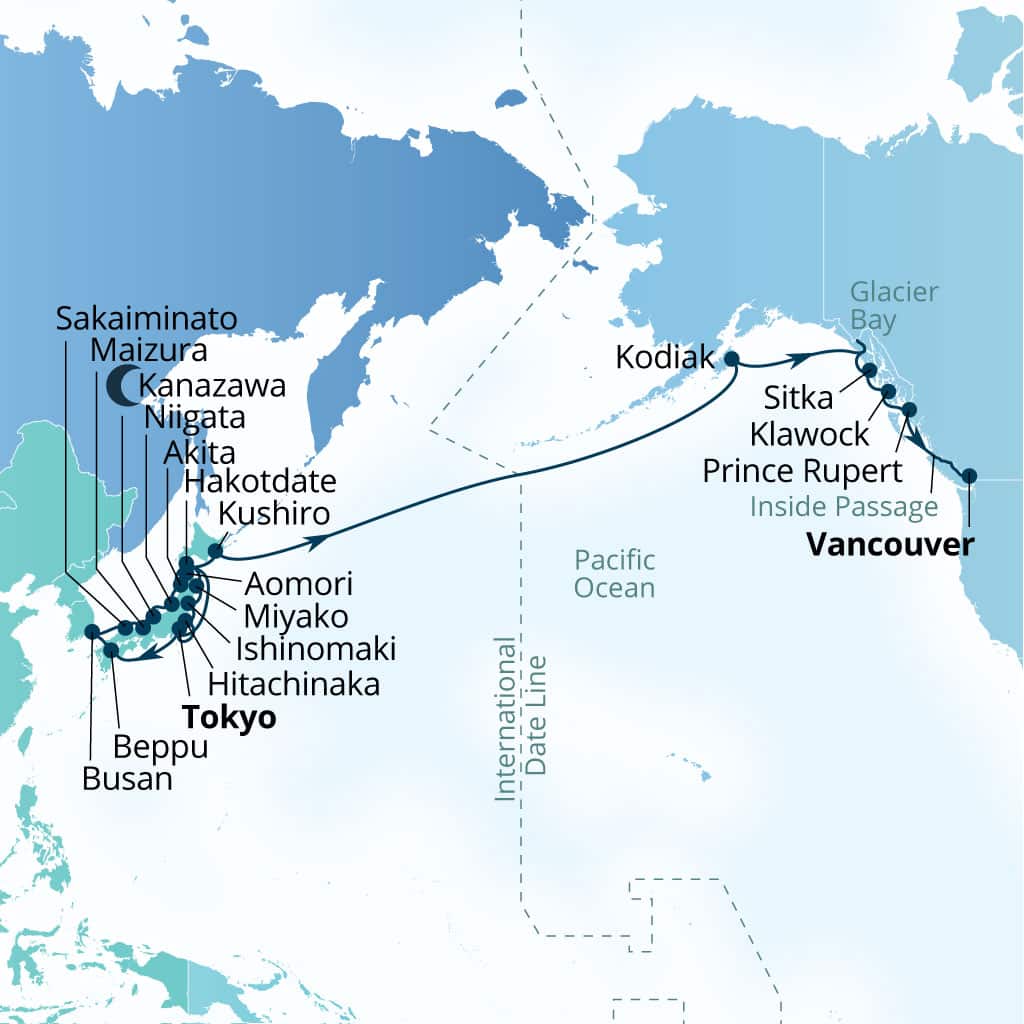 Itinerary map of 35-Day Japan's Cherry Blossoms & Pacific Passage