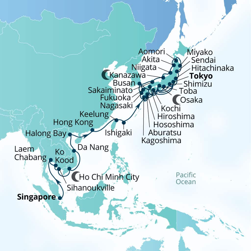 Itinerary map of 54-Day Southeast Asia & Japan Exploration