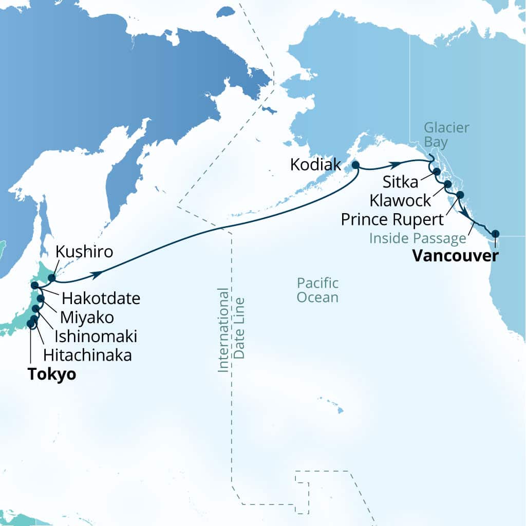 Itinerary map of 21-Day Cherry Blossoms, Pacific Passage & Glacier Bay