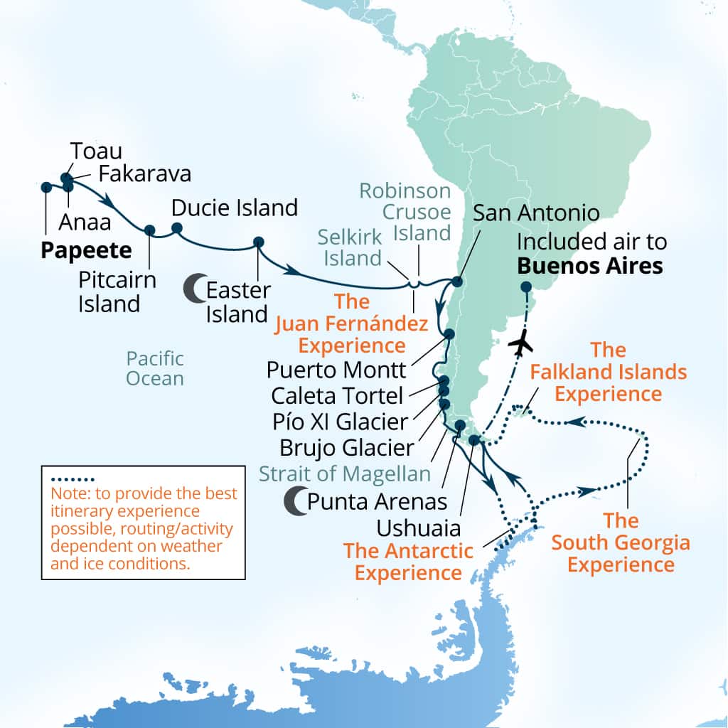 Itinerary map of 57-Day South Pacific, Antarctica, South Georgia & Falklands