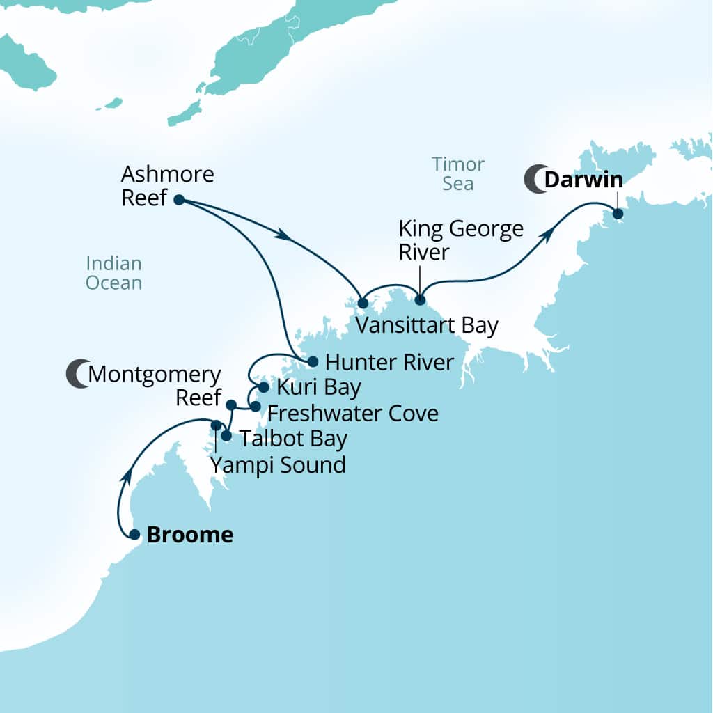 Itinerary map of 10-Day Kimberley Expedition: Waterfalls & Wanjinas