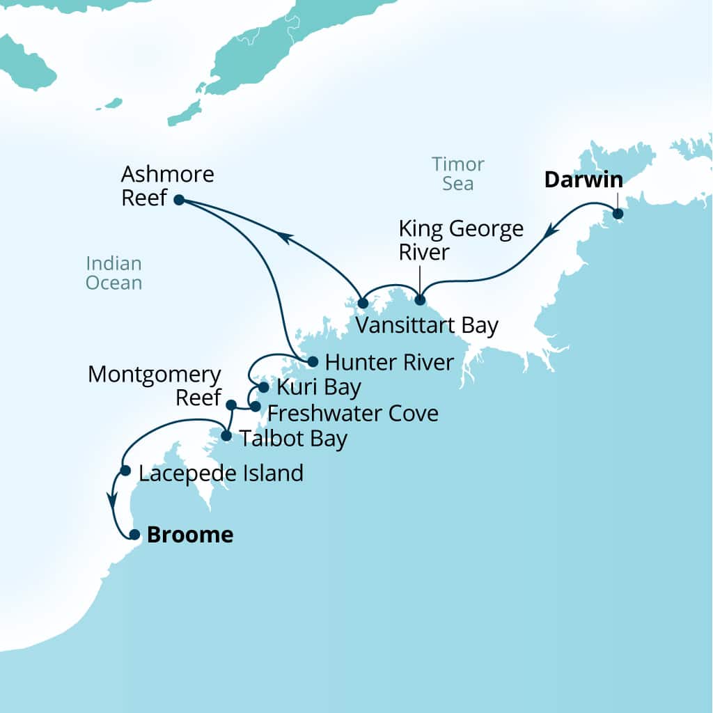 Itinerary map of 10-Day Kimberley Expedition: Waterfalls & Wanjinas