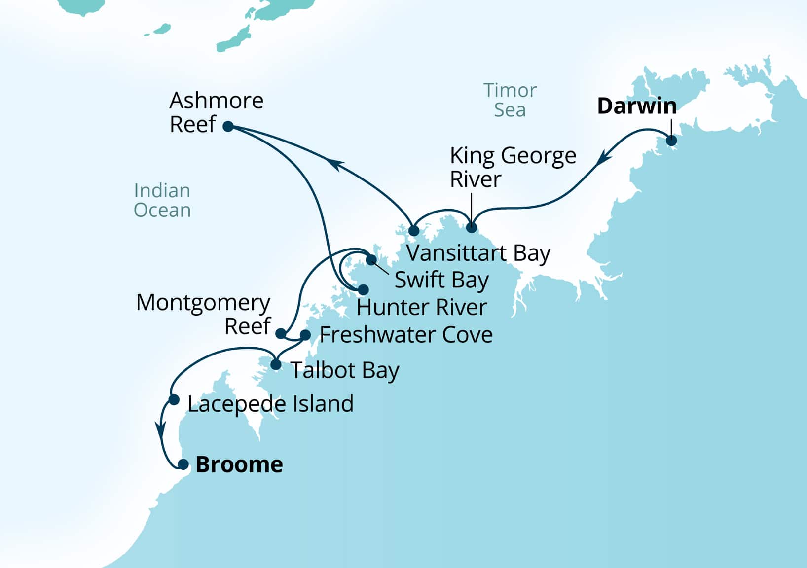 MapDepicting 10-Day Kimberley Expedition: Waterfalls & Wanjinas Departs Broome, Western Australia, Australia Arrive Darwin, Australia