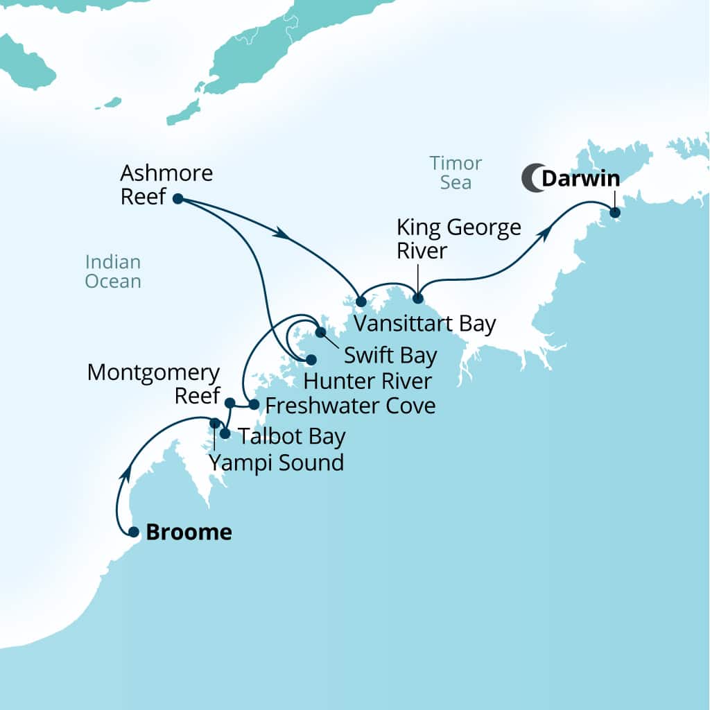 Itinerary map of 10-Day Kimberley Expedition: Waterfalls & Wanjinas