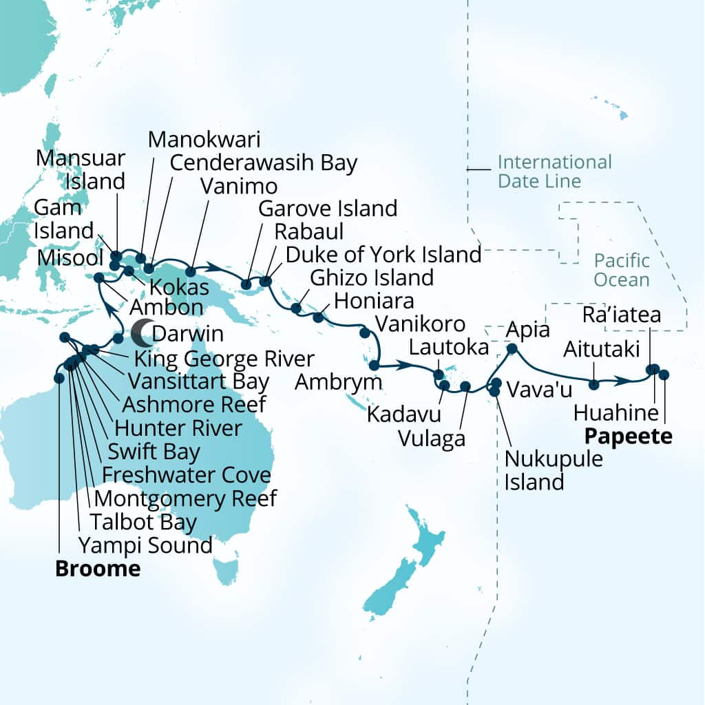 Itinerary map of 45-Day Kimberley Expedition, Indonesia & Papua New Guinea