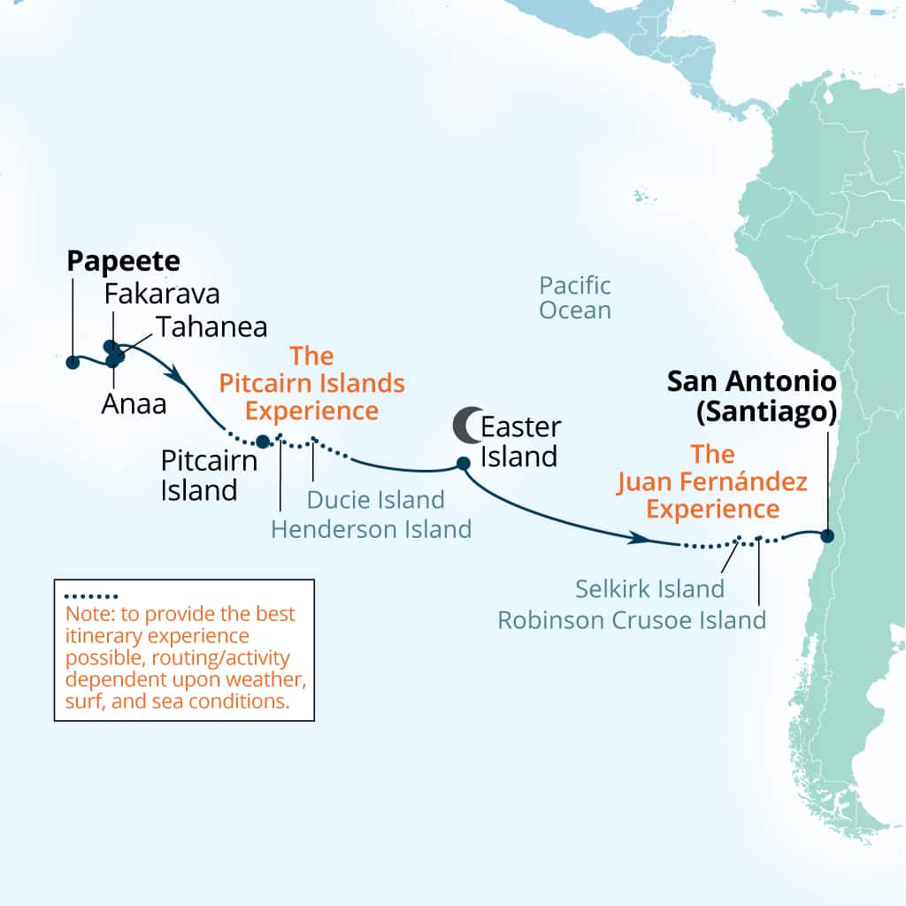 Itinerary map of 19-Day Easter & Pitcairn Islands: Marooned, Moai & Mutineers