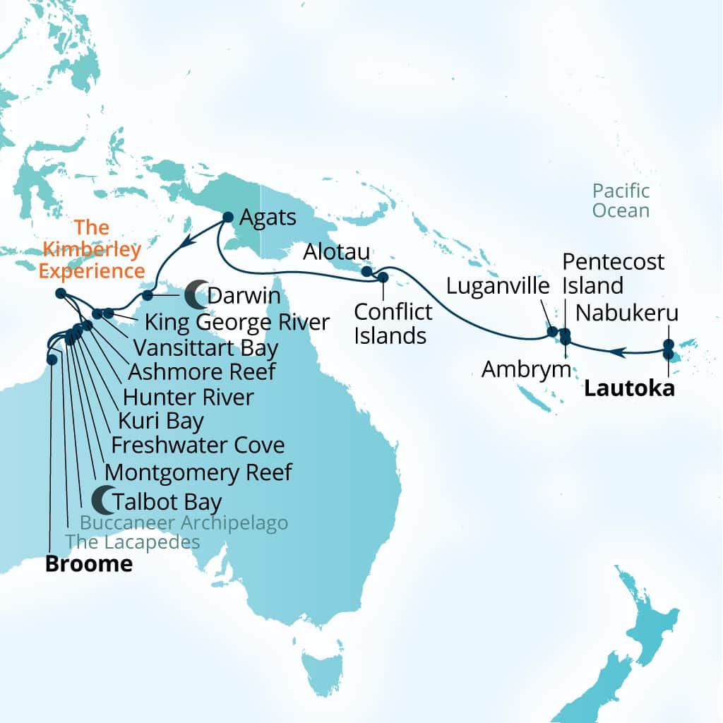 Itinerary map of 26-Day Papua New Guinea & Kimberley Expedition